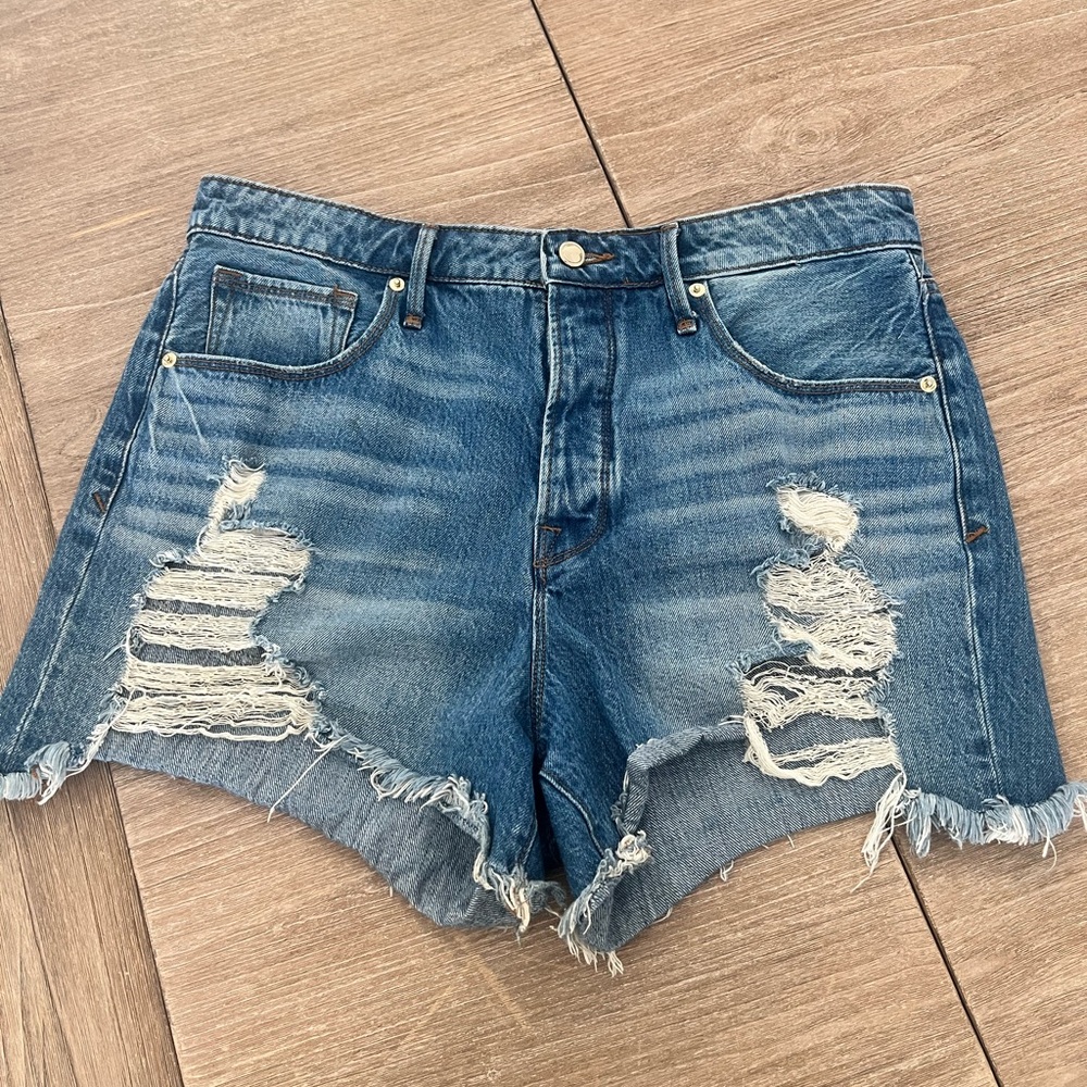 Good American Distressed Blue Denim Shorts